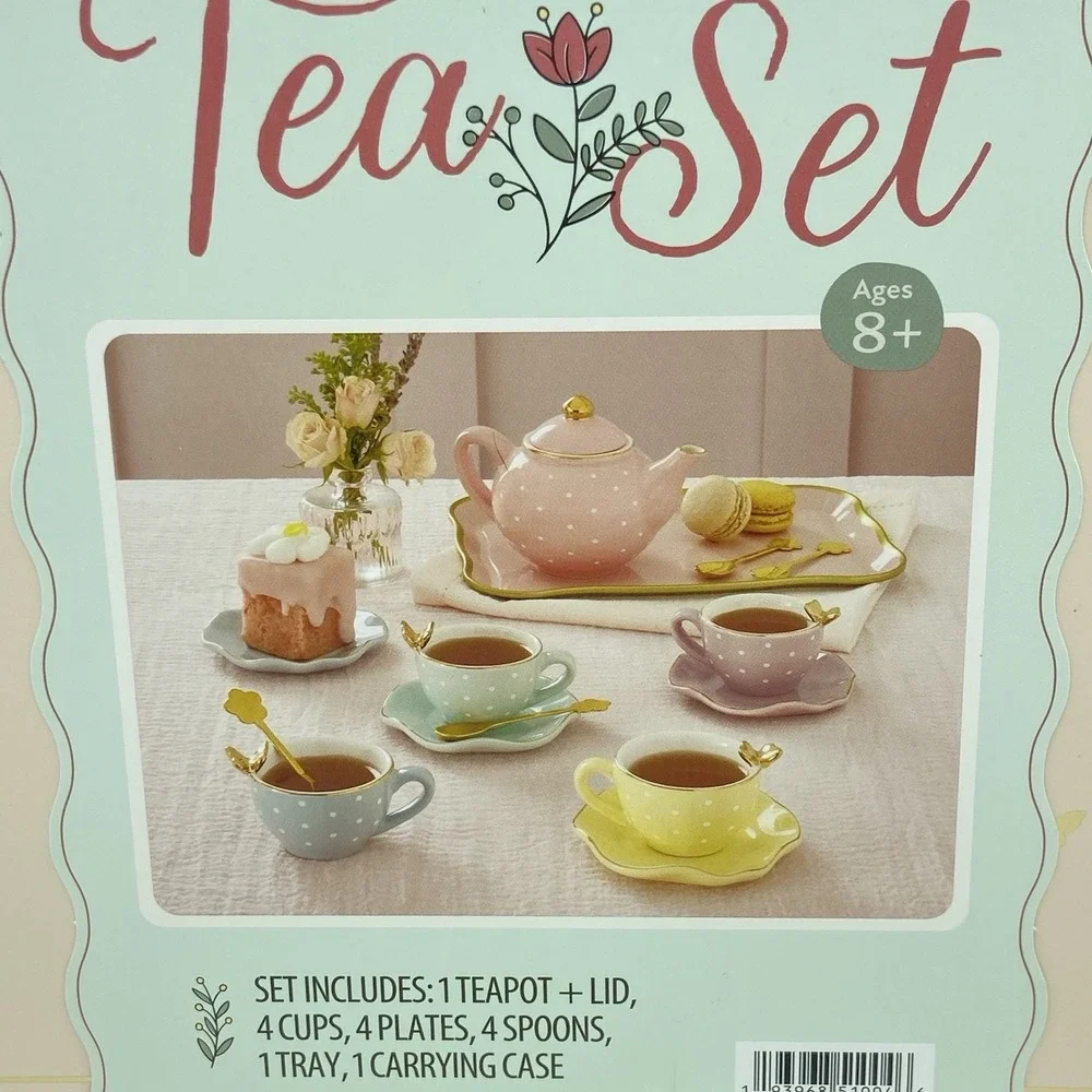 Member's Mark Porcelain Tea Set‎ 15 Pc Pastel Polka Dot Tea Party Pretend Play